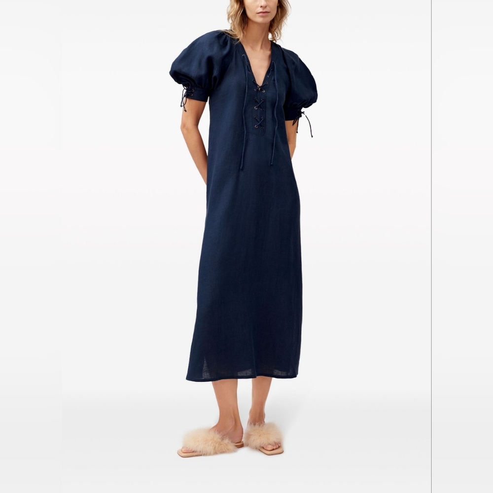 Sleeper 100% linen navy Garden midi dress, large